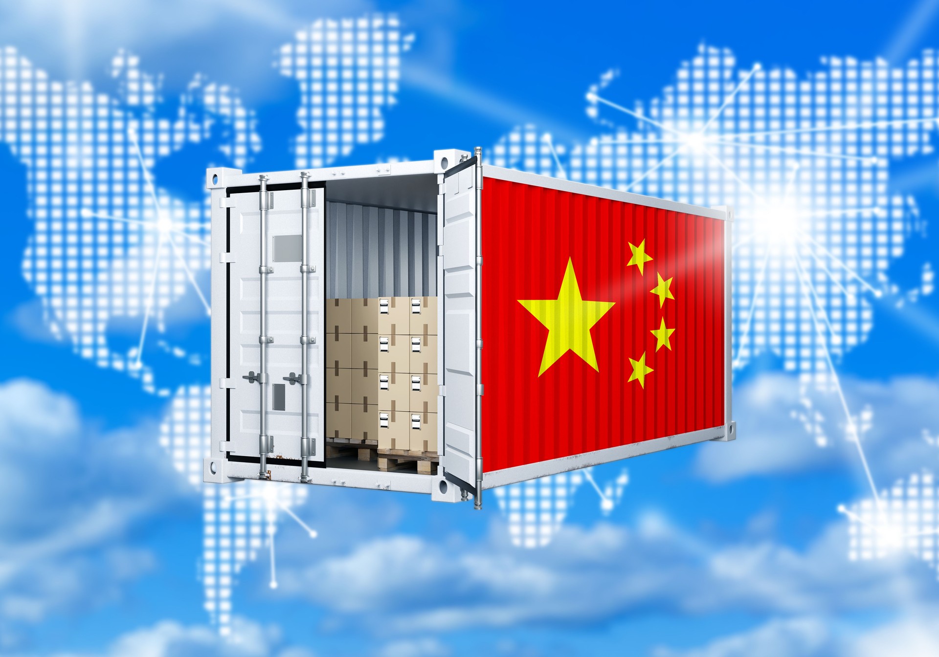 Sea container with China flag. Import of goods from PRC. Cargo container near world maps. Transportation of goods from China. Open sea container with boxes. Export of goods to China. 3d image