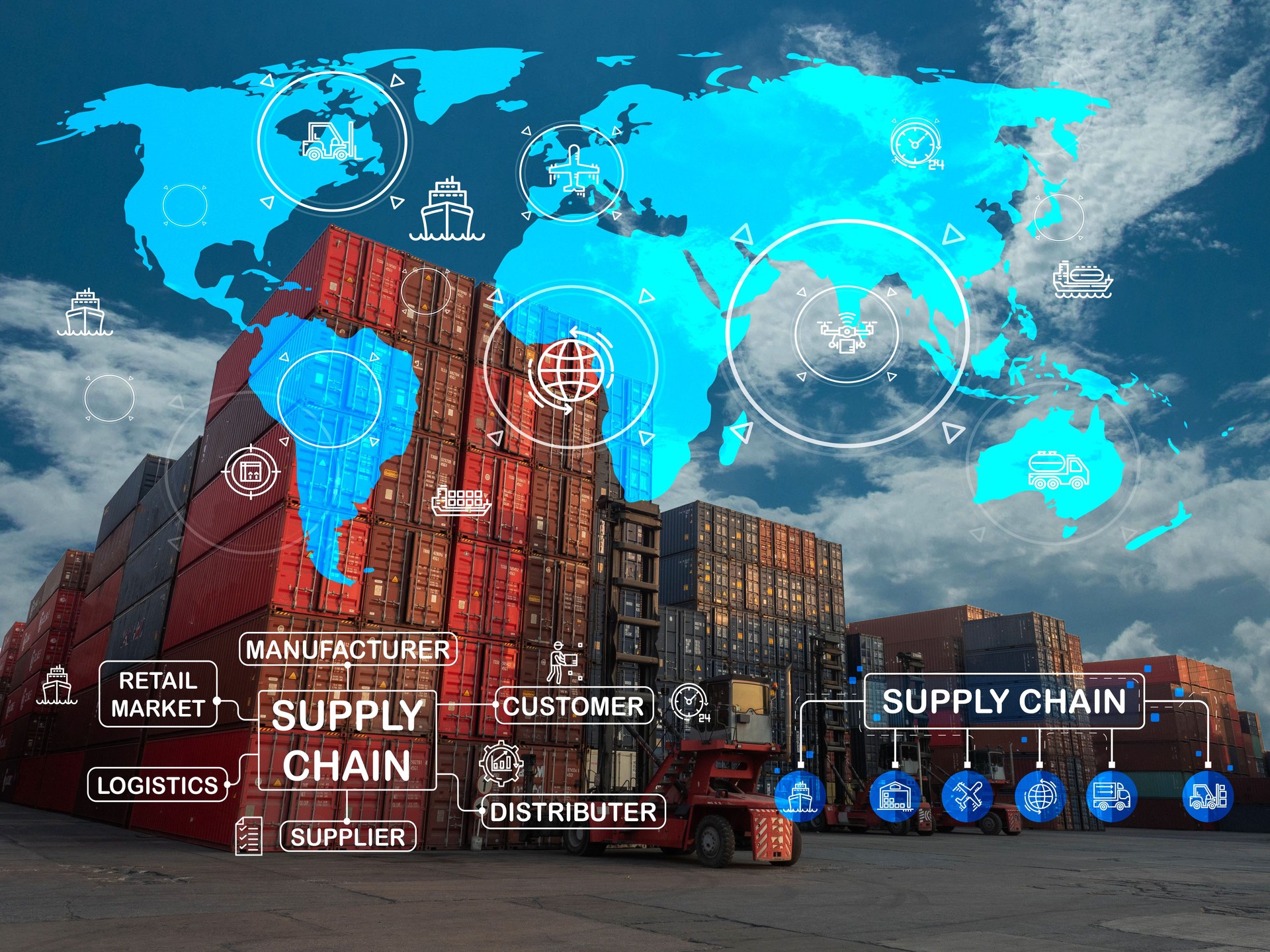 Container import export logistic earth world supply chain distributor port marline cargo shipping currency custom truck global delivery trade harbor freight business international commerce industry