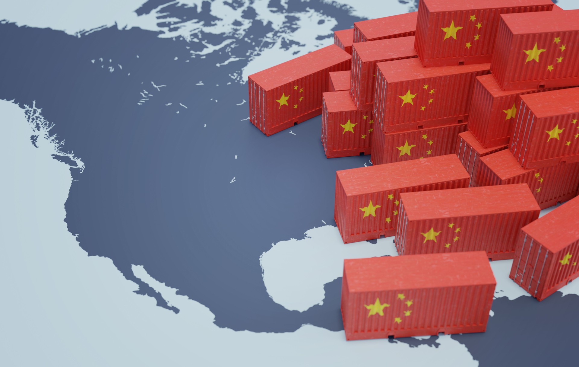 Chinese cargo containers on map of USA. Import of chenese goods concept. 3D rendered illustration.